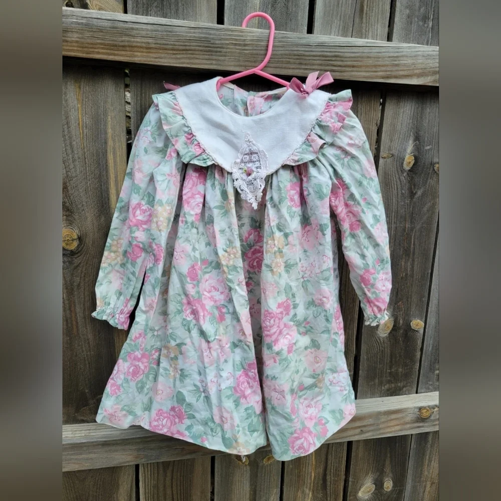 VTG Floral Dress Girls 3T COTTAGECORE  pink Prairie rosette lace FAIRY 90s